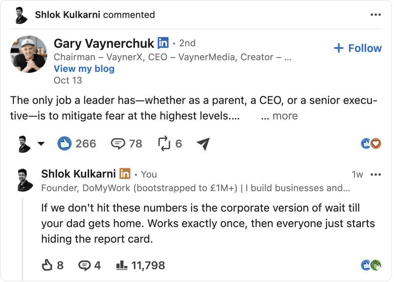 Our comment on Gary Vaynerchuk's post: 11,798 impressions